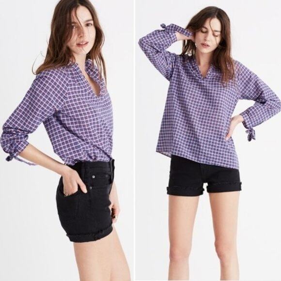 Madewell Tie-Sleeve Popover Top in Whitby Plaid Cotton Linen Blend Size Medium - Picture 8 of 8